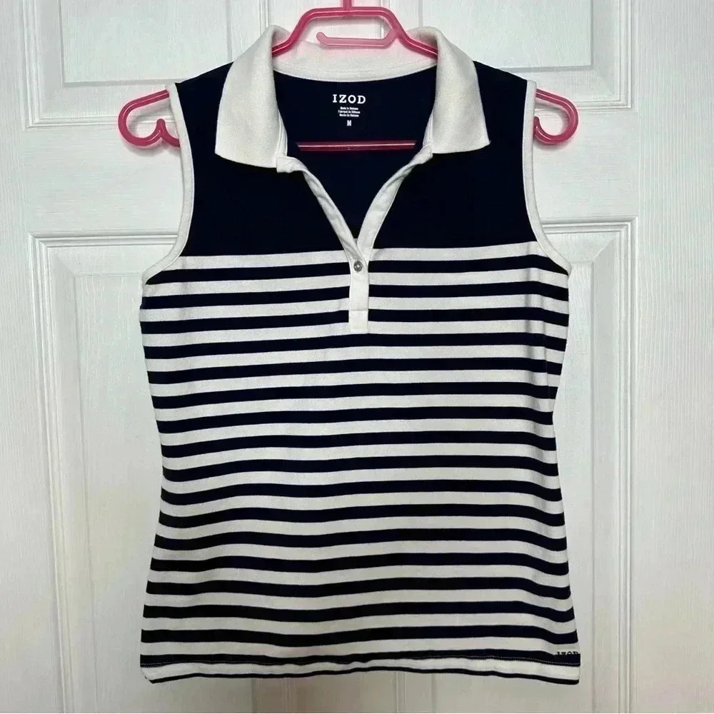 Izod Polo Shirt Sleeveless Collared Striped Blue & White Size Medium